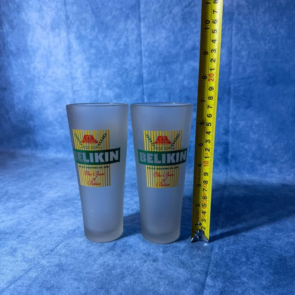 Belikin Beer Frosted Pint Glasses Set of 2 Belize Brewing Bar Pub Glasses 7